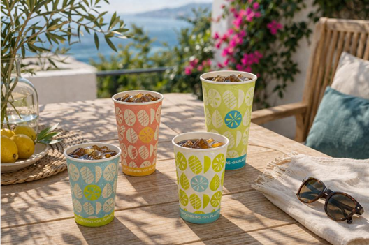 Vasos de papel para bebidas frías y portavasos de fibra
